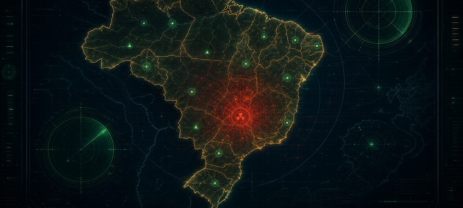 Mapa do Brasil em um painel tático escuro, com municípios delimitados em laranja e um alerta vermelho no Centro-Oeste